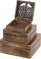 Deco 79 Wood Tree Handmade Decorative Box Decorative Keepsake Boxes with Hinged Lid, Set of 3 Storage Boxes, Brown
