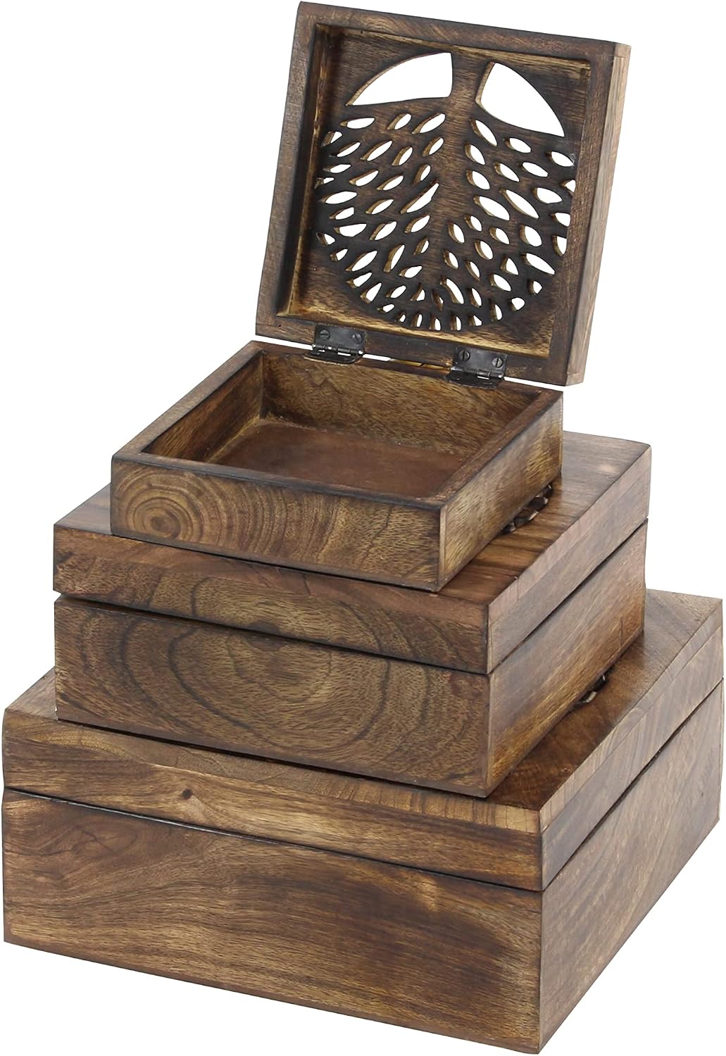 Deco 79 Wood Tree Handmade Decorative Box Decorative Keepsake Boxes with Hinged Lid, Set of 3 Storage Boxes, Brown