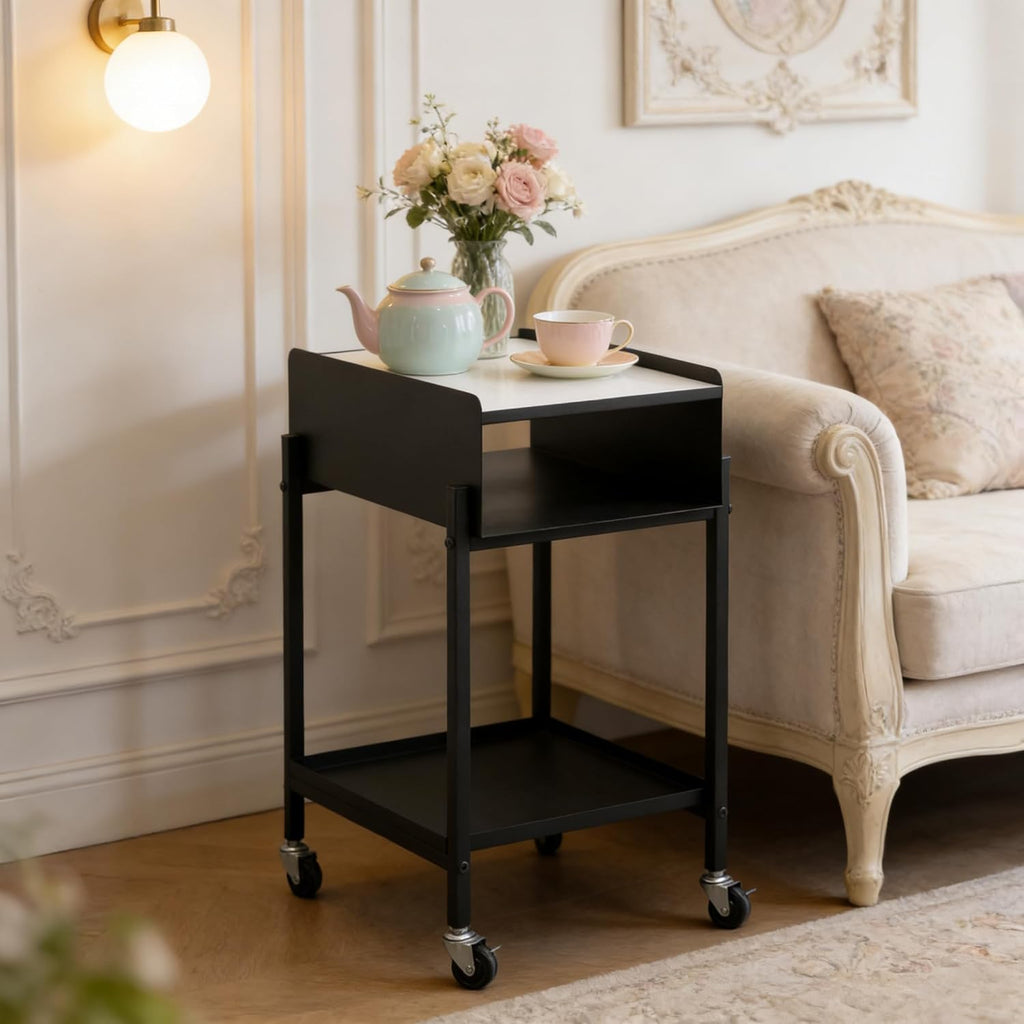 Bedside Table with Wheels Rolling Nightstand 3-Tier Sofa Side Table Modern End Table for Small Space Bedroom Office Living Room Marble Top and Open Shelf Easy Assembly (Black)