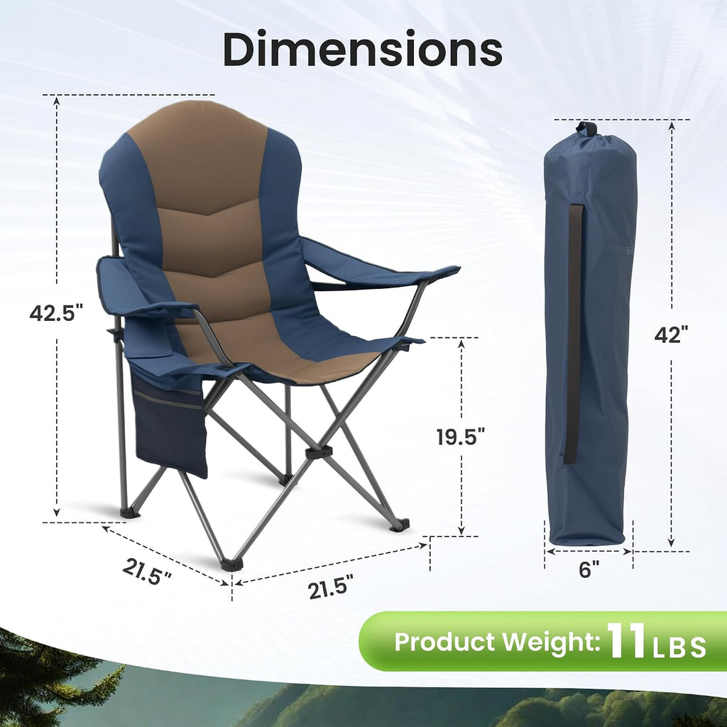 2 Pack Folding Camping Chairs for Adults - High Back Padded Outdoor Lawn Chairs with Lumbar Support & Cup Holder, 400lbs Heavy Duty Portable Camping Chairs Set (Blue & Brown, 2 PCS)