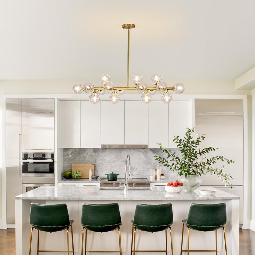 Mid Century Modern Glass Globe Sputnik Chandelier with Clear Bubble, 16-Light Large Linear Chandeliers for Dining Room Kitchen Island Living Room, Gold Dining Light Fixture Over Table