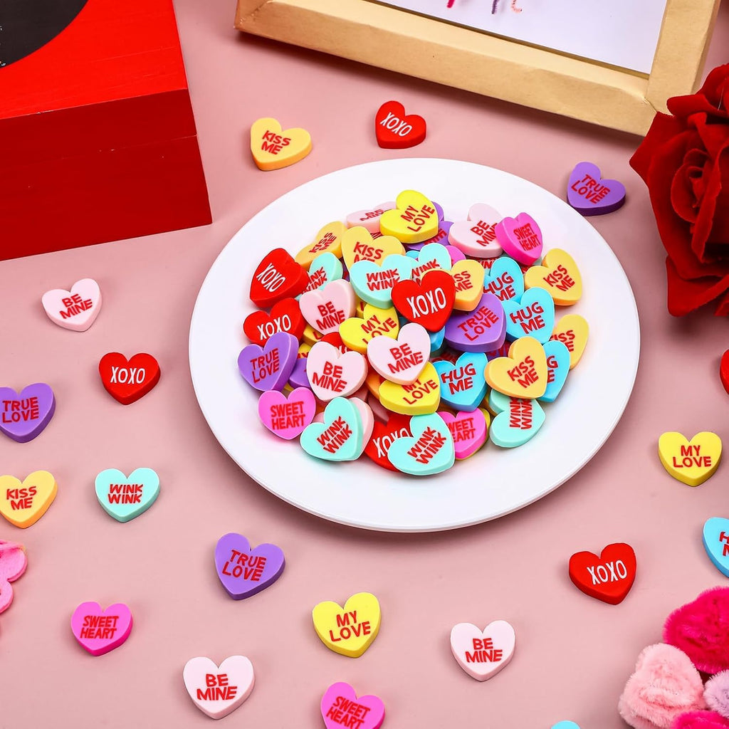 80Pcs Fake Conversation Hearts,Mini Valentines Polymer Clay Conversation Heart Charms Decor Vase Filler for Crafts Pastel Candy Vase Filler Table Decor for Wedding Party Home Decor