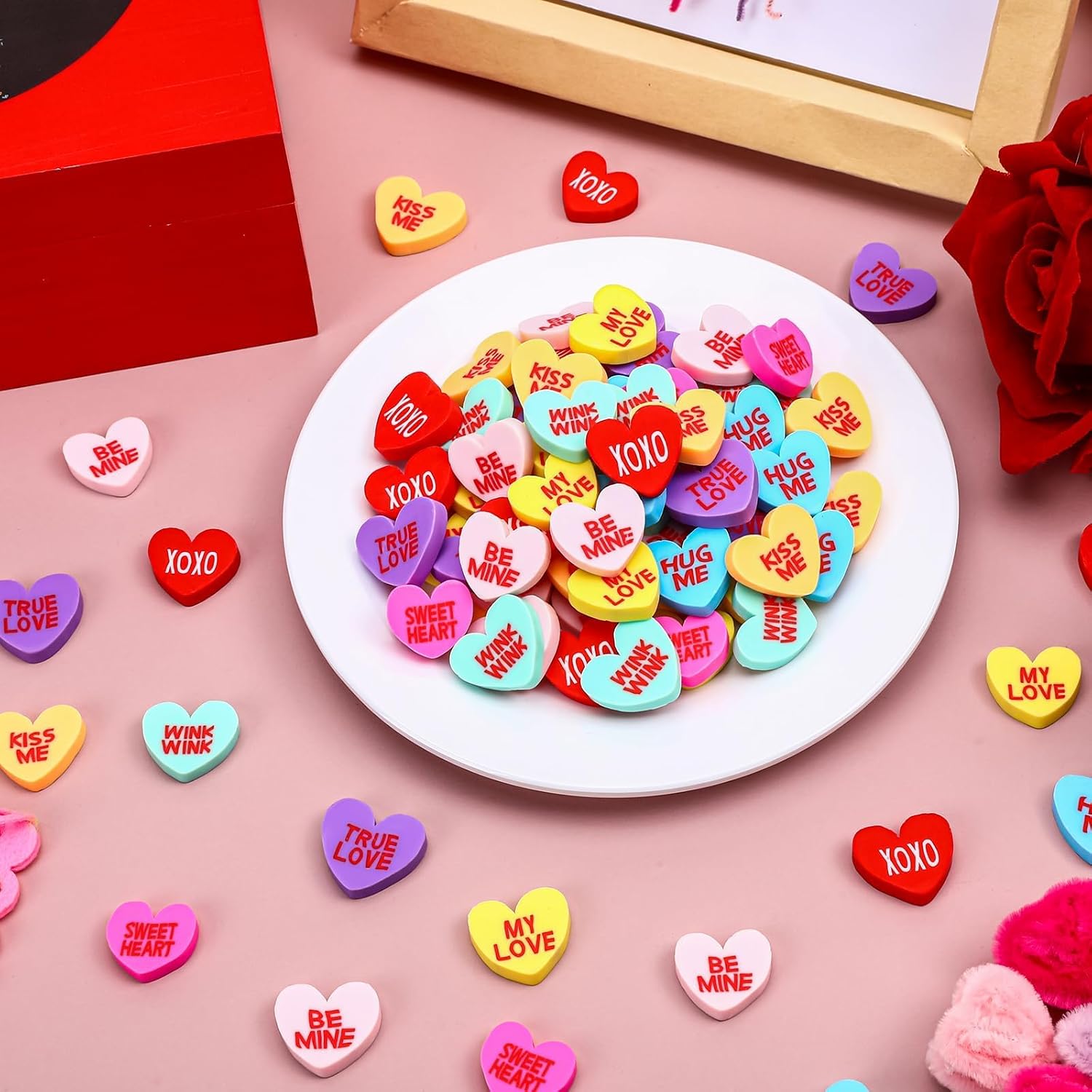 80Pcs Fake Conversation Hearts,Mini Valentines Polymer Clay Conversation Heart Charms Decor Vase Filler for Crafts Pastel Candy Vase Filler Table Decor for Wedding Party Home Decor