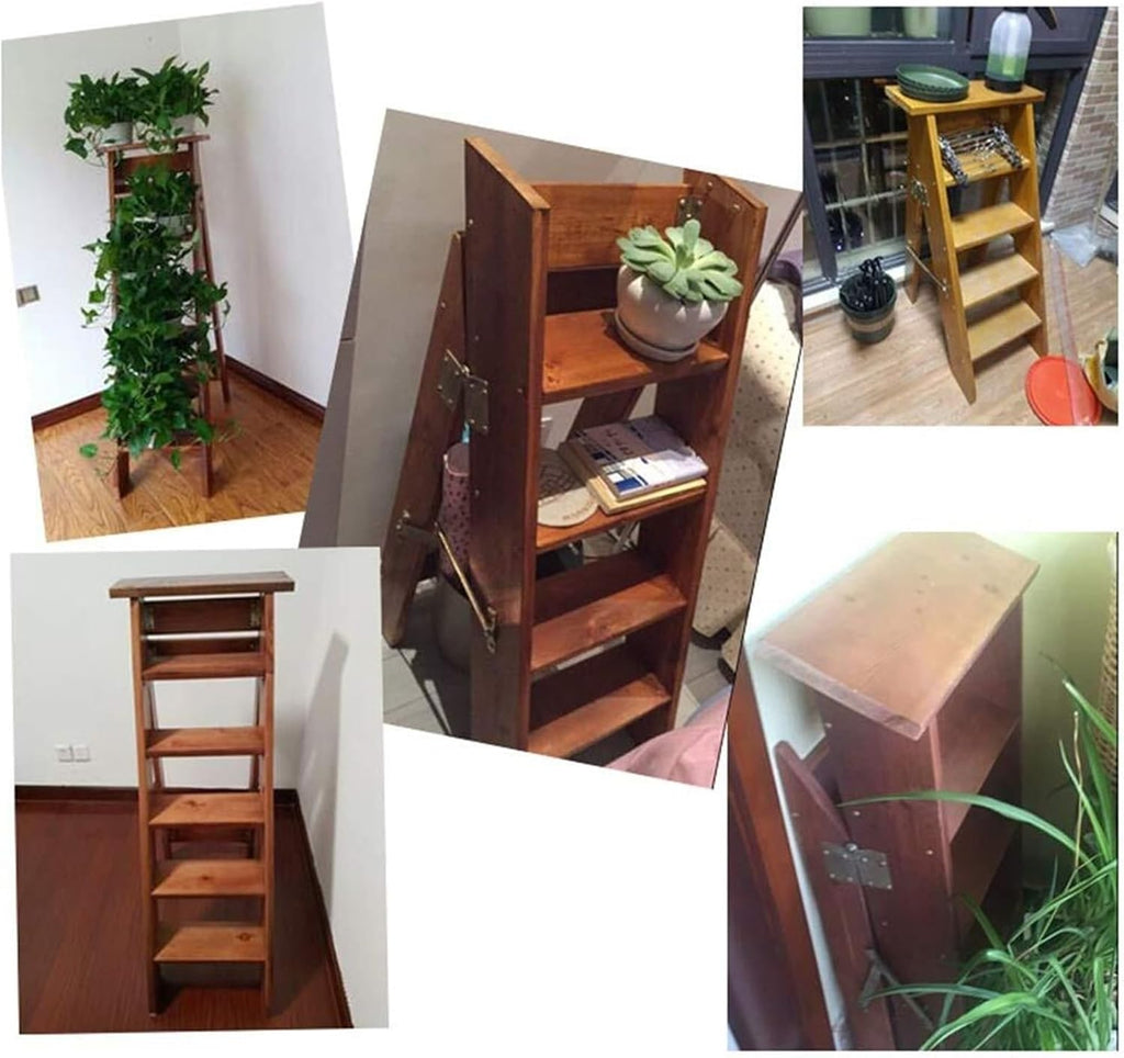 Step Stool Natural Foldable Step Ladder 4 Steps - Lightweight Wooden Stool with Dual-Use Tread & Staircase Chair for Home & Library