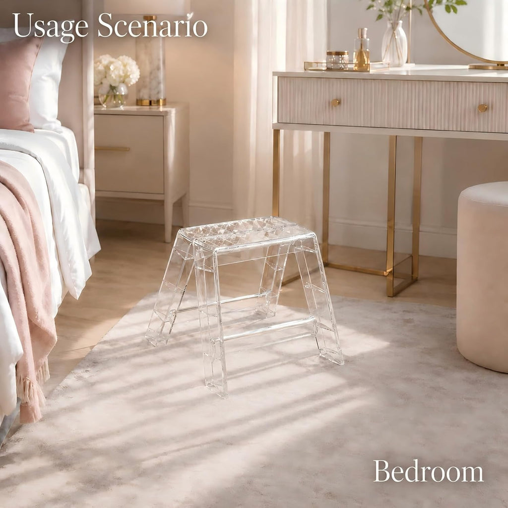 Clear Acrylic-Style Folding Stool, Portable Lightweight Folding Seat, Compact Space Saving Stool for Bathroom, Vanity, Bedroom, Closet & Small Spaces(Transparent)