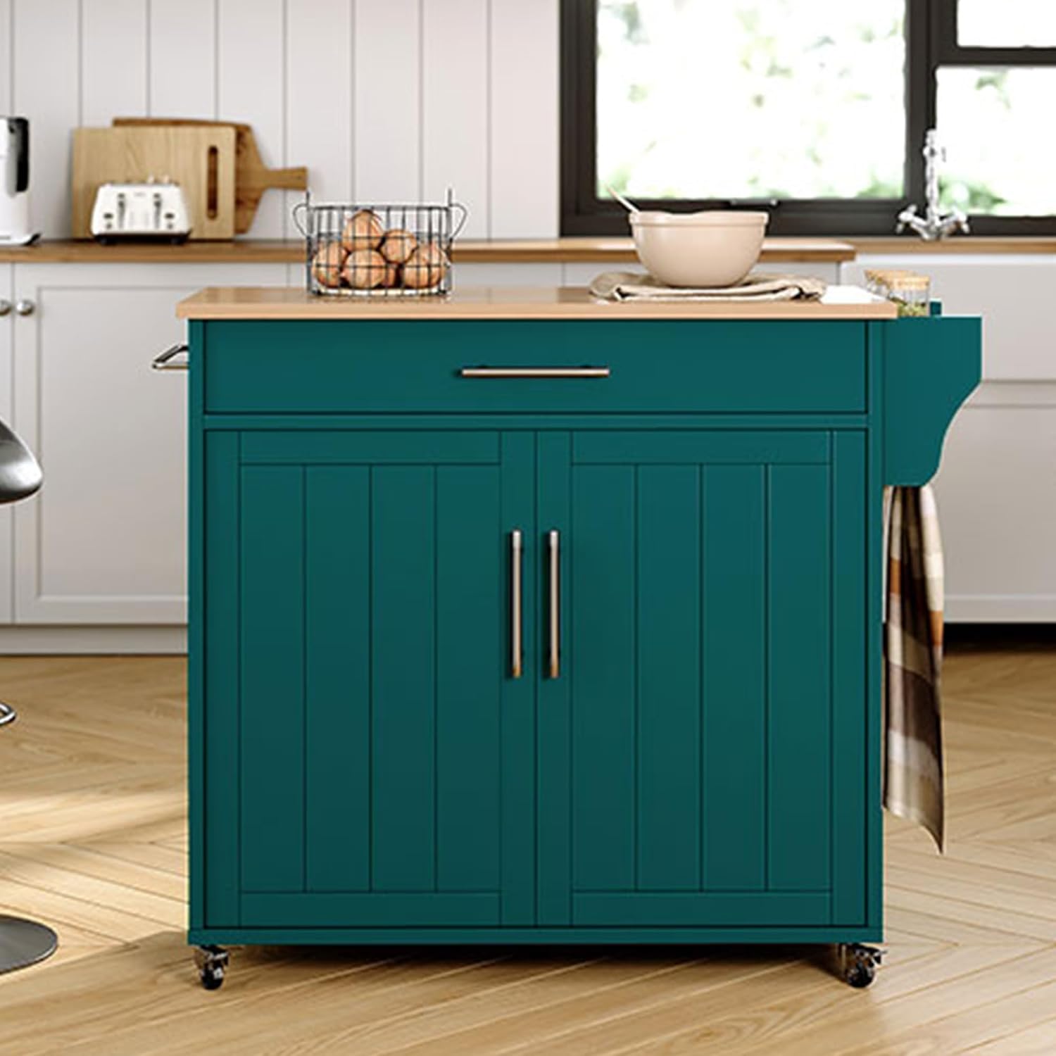 Kitchen Island with Storage, Wooden Countertop Rolling Kitchen Island On Wheels Storage Cabinet, Mobile Kitchen Island Cart with Towel Rack, Spice Rack and Drawers,Green