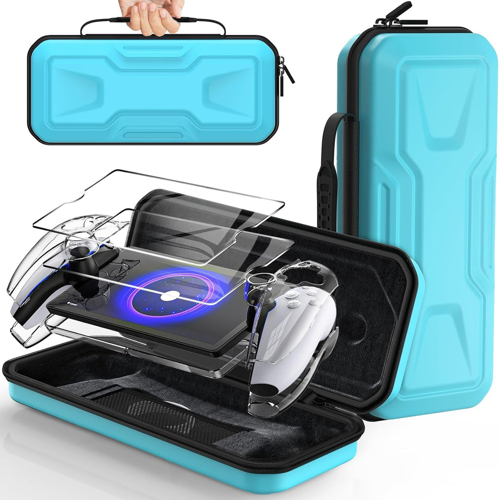 FYOUNG 3 in 1 Accessories Bundle for Playstation Portal, Carrying Case & Hard PC Clear Cover with Tempered Screen Protector, Protective Case & Shell Travel Handbag for PS5 Portal (Light Blue)