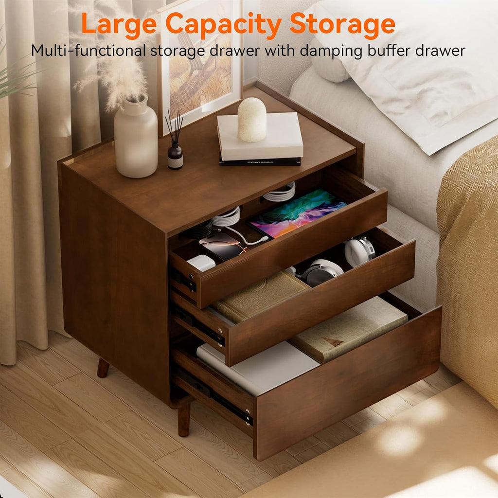 25.43" Nightstands Set of 2 with Leg Walnut Night Stand Set 2 for Bedrooms | Mid Century Modern Nightstands with Charger Station Wooden Bedside Table Set of 2 Night Stands for Bedrooms Set of 2