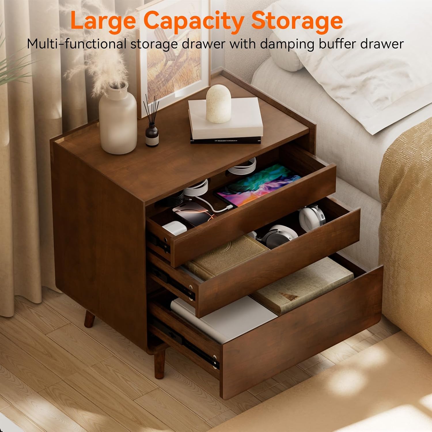 25.43" Nightstands Set of 2 with Leg Walnut Night Stand Set 2 for Bedrooms | Mid Century Modern Nightstands with Charger Station Wooden Bedside Table Set of 2 Night Stands for Bedrooms Set of 2
