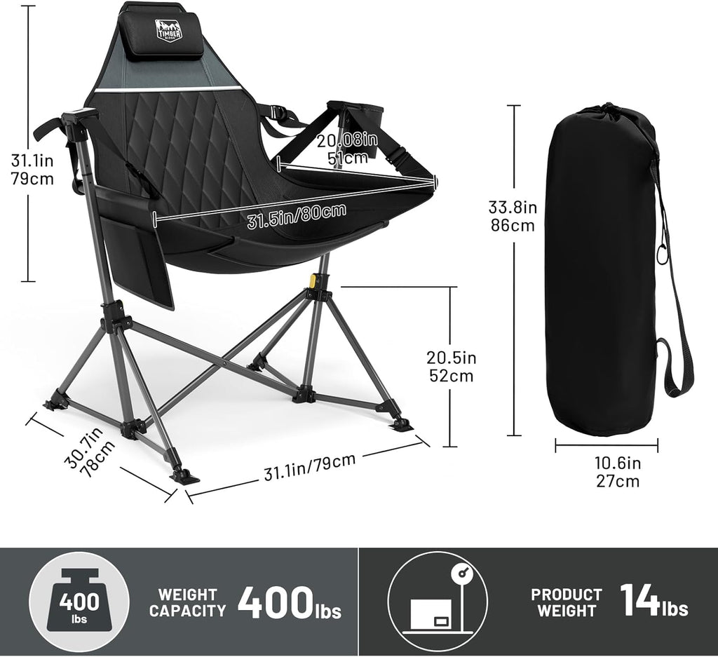 TIMBER RIDGE Hammock Camping Chair, Oversized Swinging Hammock Chair with Adjustable Back and Seat for Outdoor Lawn, Sports, Supports 400lbs, Black