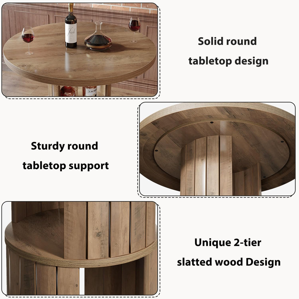 HSH Round Bar Table, 39.4" H Wood Pub Table with Storage & Metal Footrest, Modern Industrial Bar Height Bistro Cocktail Table for Coffee Bar, Kitchen Dining Room, Small Space, Rustic Oak, 2PCS