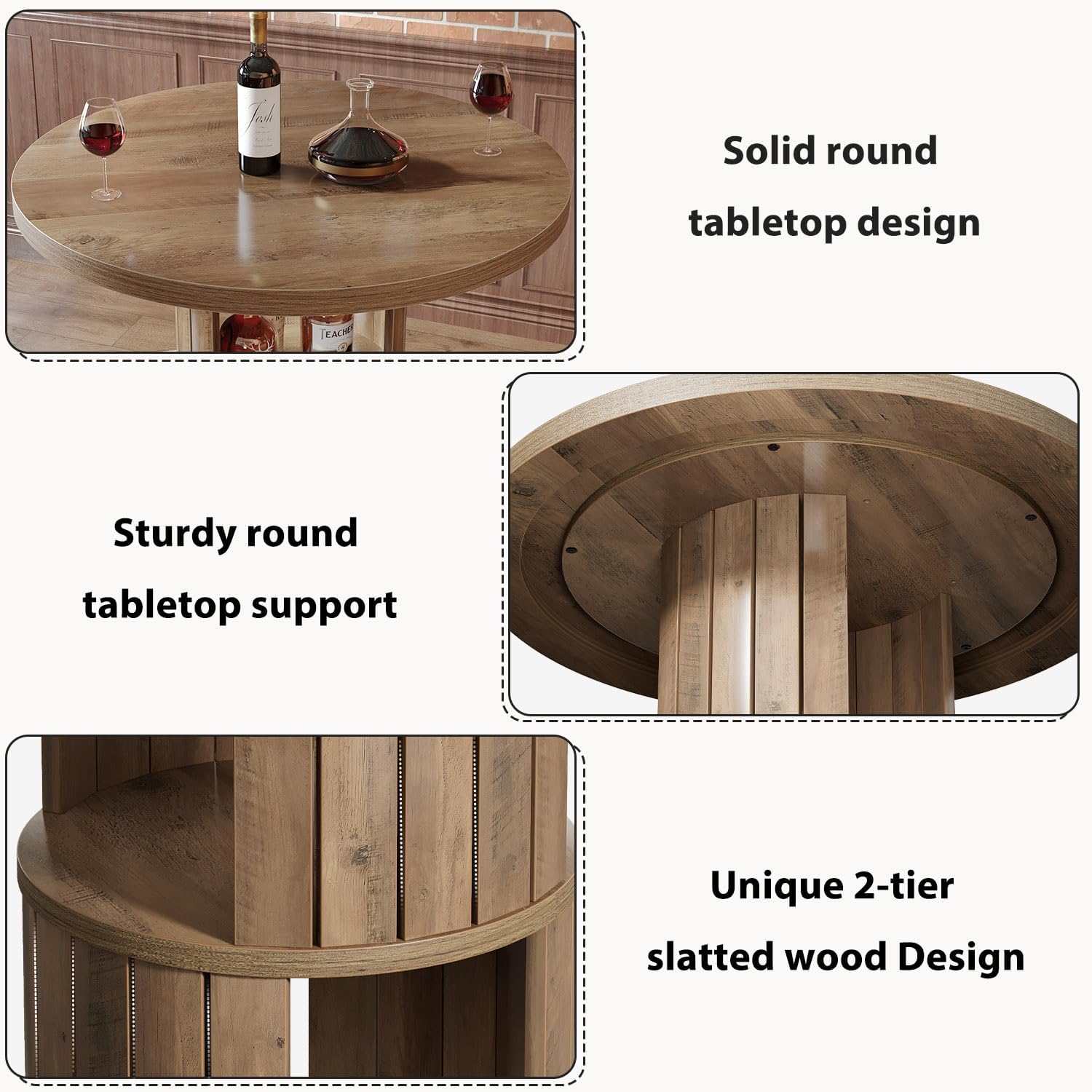 HSH Round Bar Table, 39.4" H Wood Pub Table with Storage & Metal Footrest, Modern Industrial Bar Height Bistro Cocktail Table for Coffee Bar, Kitchen Dining Room, Small Space, Rustic Oak, 2PCS