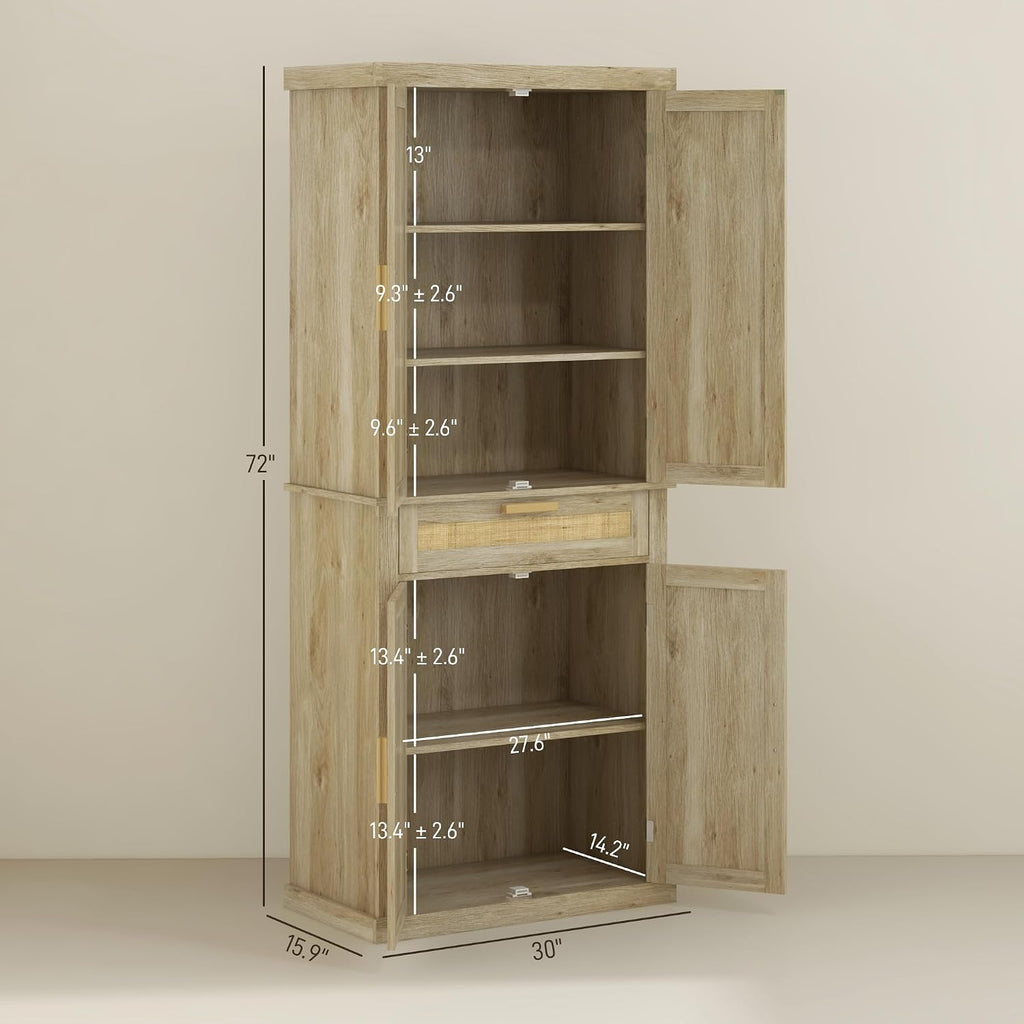 72" Tall Pantry Cabinet with Rattan Decorated Panel, Freestanding Kitchen Storage Cabinet with 4 Doors, Drawer, 5-Tier Shelf and Adjustable Shelves, Oak,15.8 * 30 * 72