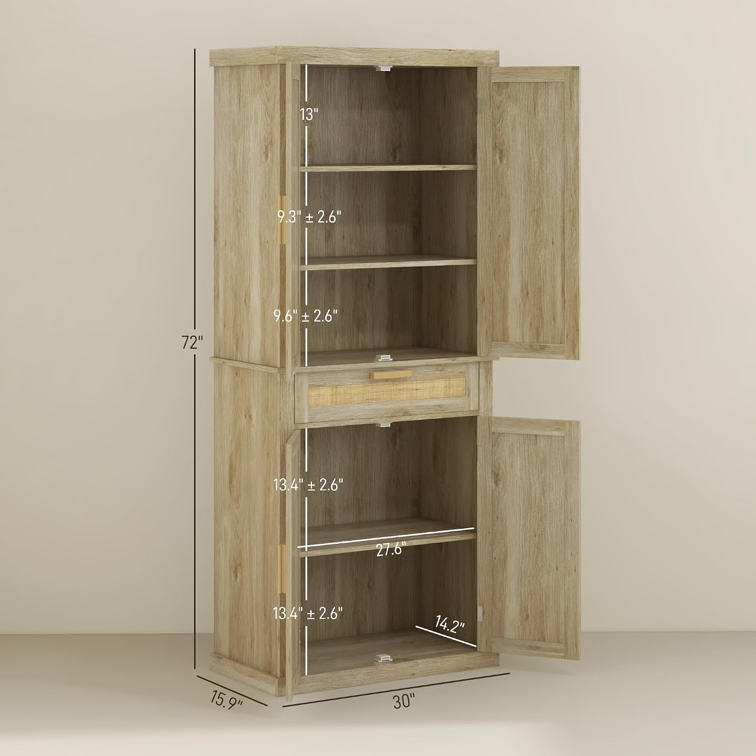 72" Tall Pantry Cabinet with Rattan Decorated Panel, Freestanding Kitchen Storage Cabinet with 4 Doors, Drawer, 5-Tier Shelf and Adjustable Shelves, Oak,15.8 * 30 * 72