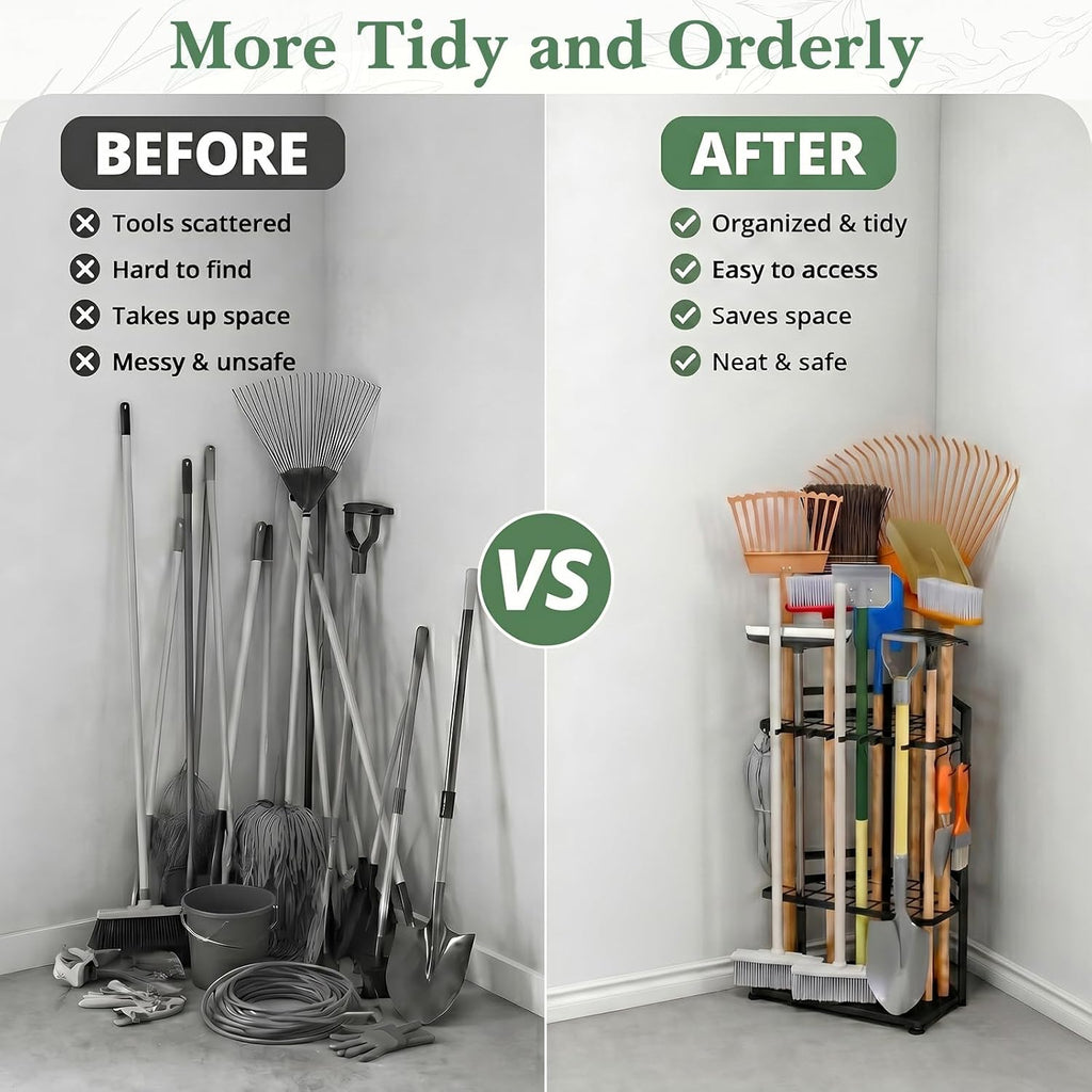 Faesun Garden Tool Organizer for Garage, Heavy Duty Garden Tool Storage Organizer with Secure Slots & Hooks, Freestanding Long Handle Tool Rack for Shovels, Rakes, Brooms, Garage, Shed & Yard