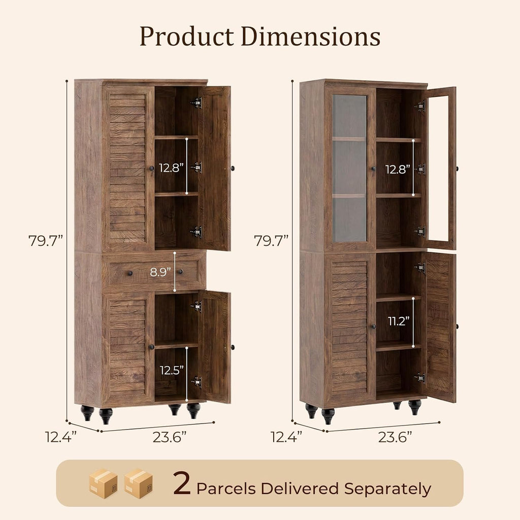 80" Kitchen Pantry Cabinet Set of 2, Farmhouse Storage Cabinets with Glass & Louvered Doors, Adjustable Shelves for Dining Room, Living Room, Home Office, Cracked Oak