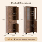 80" Kitchen Pantry Cabinet Set of 2, Farmhouse Storage Cabinets with Glass & Louvered Doors, Adjustable Shelves for Dining Room, Living Room, Home Office, Cracked Oak