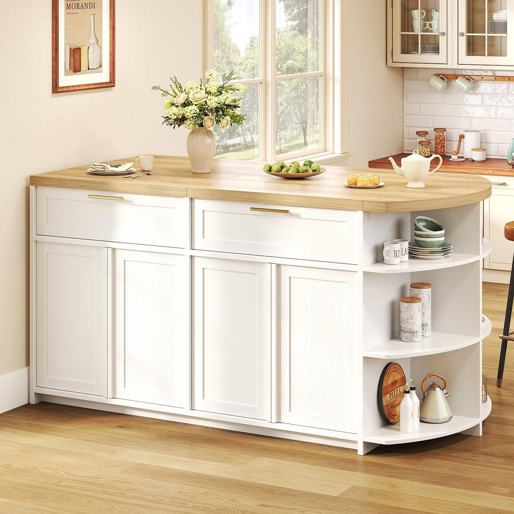 HSH 63” Large Kitchen Island with Storage & Seating, Modern Counter Height Island Table with 2 Drawers & Cabinets, 3 Oval Open Shelves, Stationary Island Prep Table for Kitchen Dining Room, Light Oak