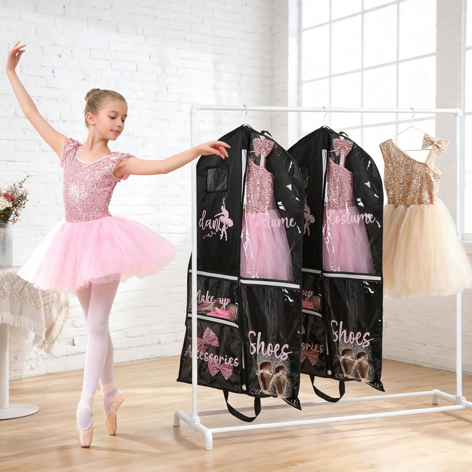 DEEKA 2 Pack Dance Garment Bag for Hanging Clothes with Zipper Pockets Dance Accessories Essentials Uniform Costume 40 Inch Dress Bags for Dance Competition Girls (Black,Pink)