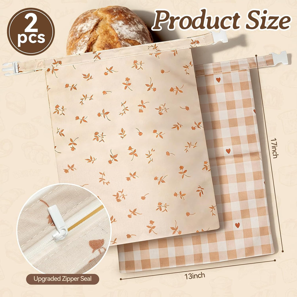 Beeswax Bread Bags for Sourdough, 2 pcs Reusable XL Zipper Beeswax Bread Bags for Homemade Bread Sourdough, Cotton Linen Food Storage Bag for Picnics, Pantry, Long-Lasting Freshness (Rose+Checkered)