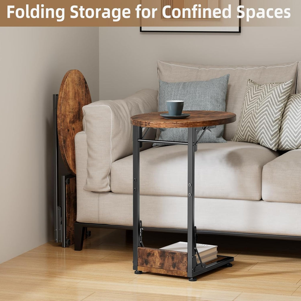Elbourn Folding Side Table End Couch Tables,Metal Frame C-Shaped TV Stand for Sofa Living Bedroom Bedside Coffee Small Spaces(Vintage Wood Color)