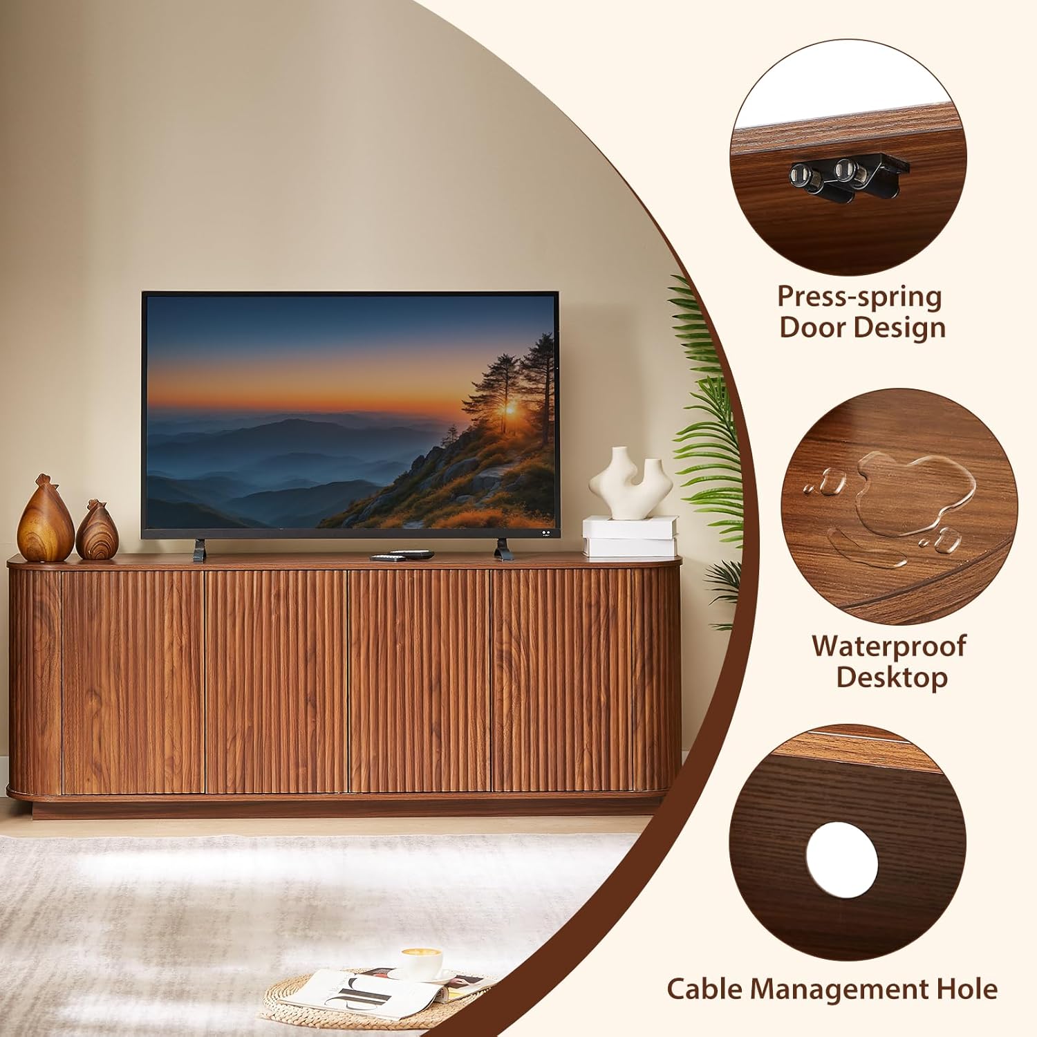 64'' Sideboard Buffet Cabinet, Wood Entertainment Center Modern TV Stand, Media Console with 4 Cabinets for Storage, Television Stands Coffee Bar for Living Room, Dining Room, Entryway