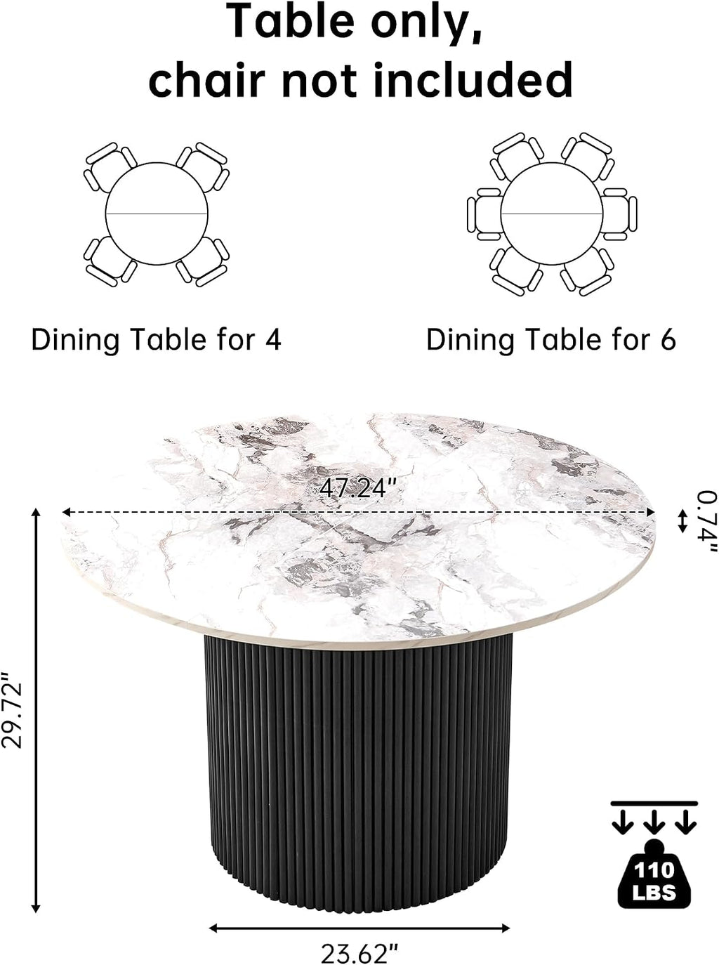 NORDICANA 47 Inch Round Dining Table, Modern Kitchen Dinner Table for 4–6 People, MDF Core, Two-Part Wood Table Top White with Black Strip Columns Base, Table only