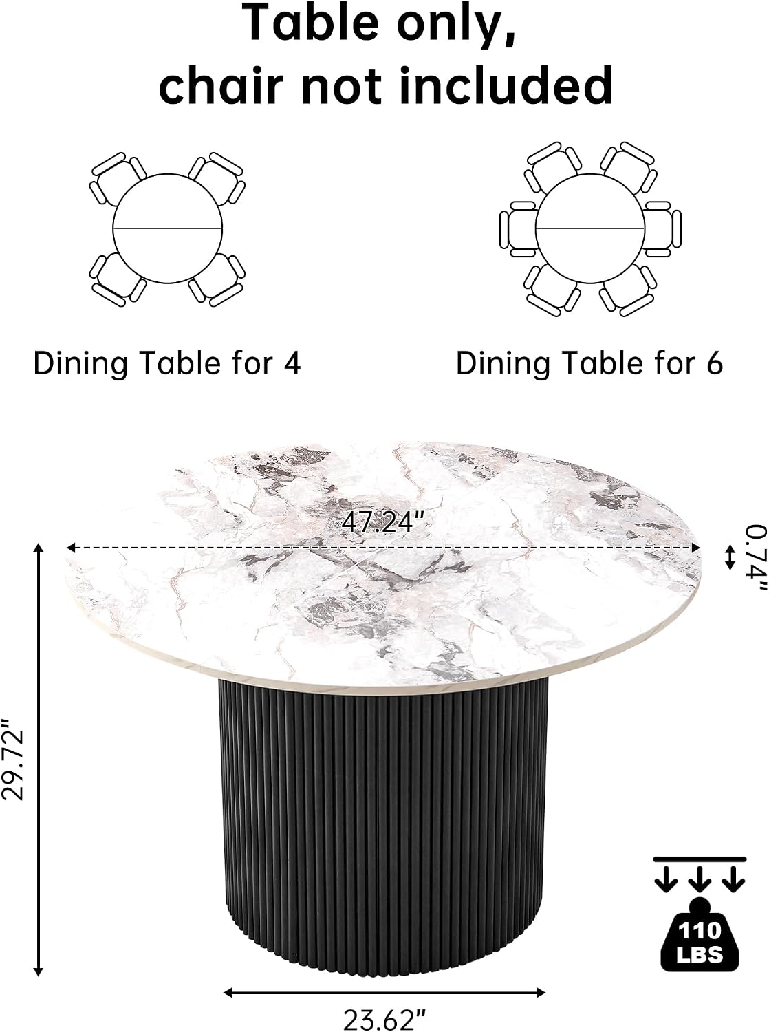 NORDICANA 47 Inch Round Dining Table, Modern Kitchen Dinner Table for 4–6 People, MDF Core, Two-Part Wood Table Top White with Black Strip Columns Base, Table only