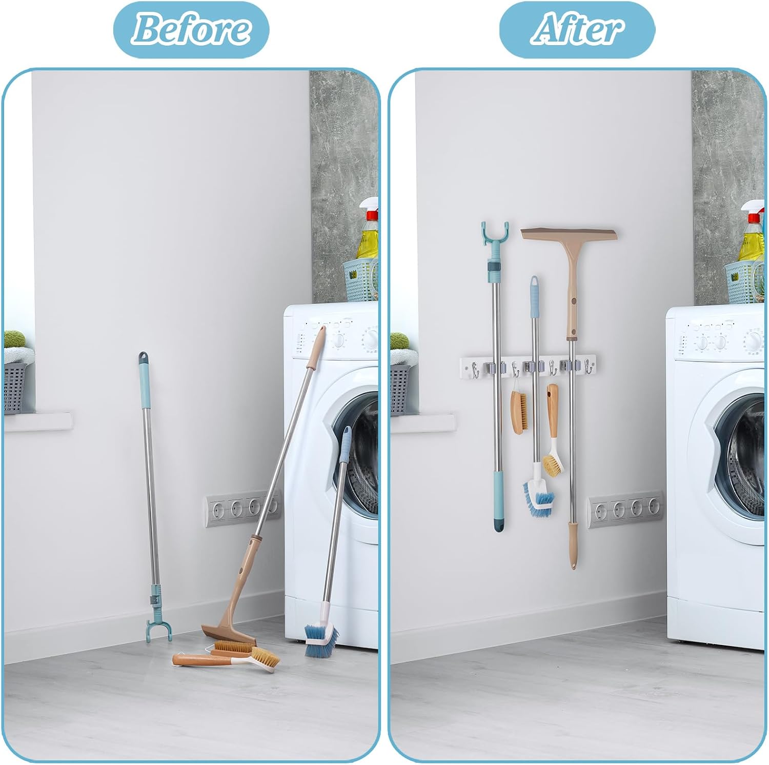 White Broom Holder Wall Mount - Heavy Duty Wood Mop and Broom Organizer with 3 Slots & 4 Hooks - Garden Tool Hanger for Laundry Room Closet Kitchen Garage Storage and Organization - Modern Home Decor