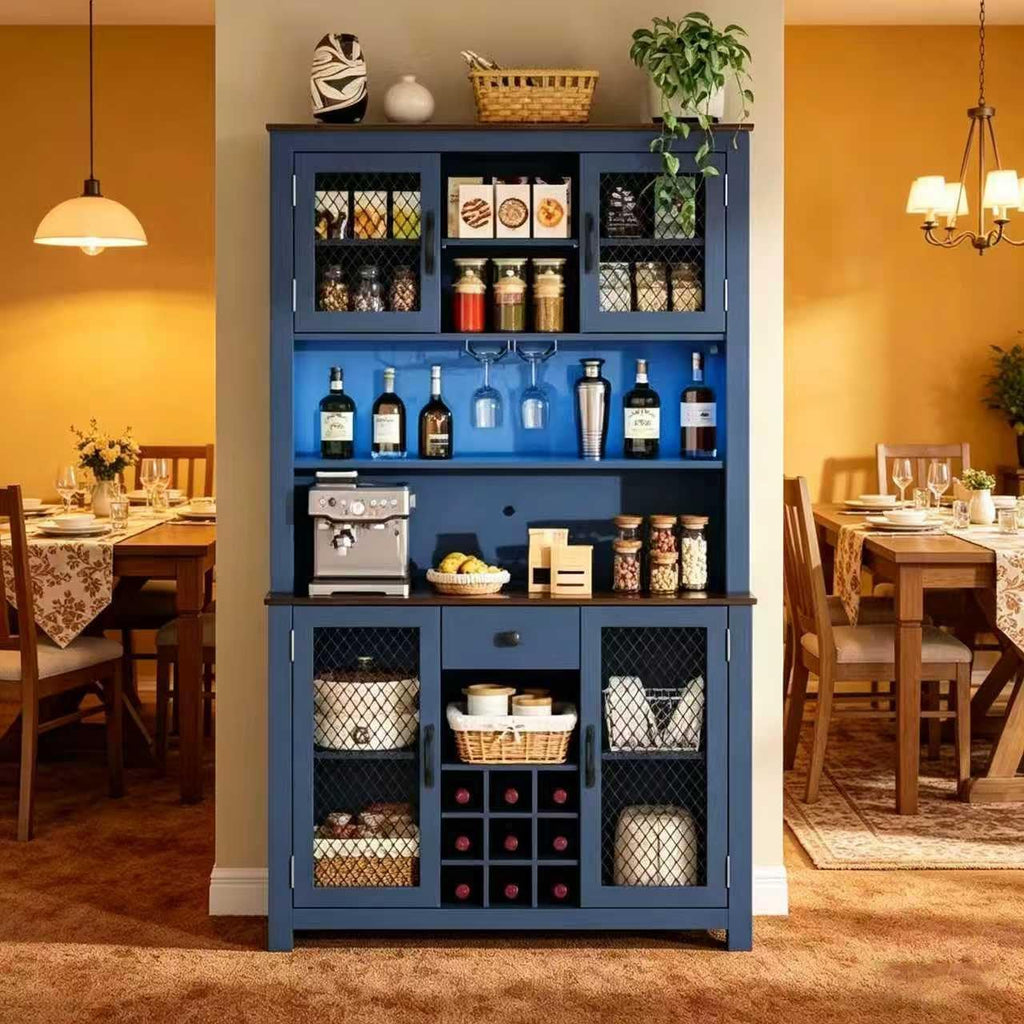 Navy Blue Kitchen Pantry Cabinet, Tall Buffet with Wine Storage, Coffee Bar & Mesh Doors
