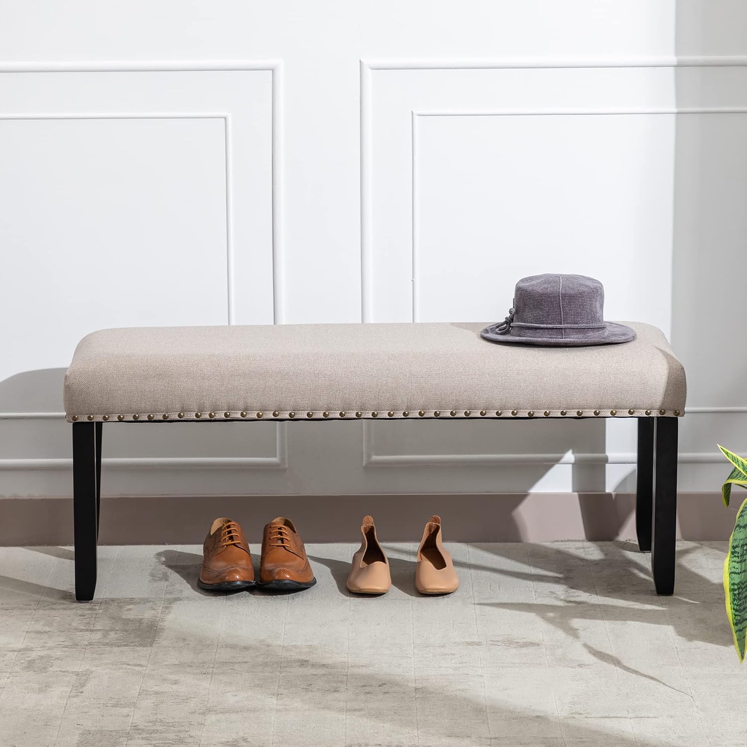 DUHOME Upholstered Entryway Bench, Fabric Bedroom Bench Ottoman Bench End of Bed Bench Dining Bench with Nailhead Trim Wooden Legs for Living Room Dining Room, Cream