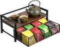 Tea Bag Organizer - 13"×7.9"×6.4" Wooden Tea Bag Holder with 8-Compartment Pull-Out Metal Mesh Drawer, Anti-Fall Guardrail Teabag Organizers and Storage Chest for Kitchen & Desk Countertop