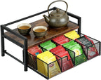 Tea Bag Organizer - 13"×7.9"×6.4" Wooden Tea Bag Holder with 8-Compartment Pull-Out Metal Mesh Drawer, Anti-Fall Guardrail Teabag Organizers and Storage Chest for Kitchen & Desk Countertop