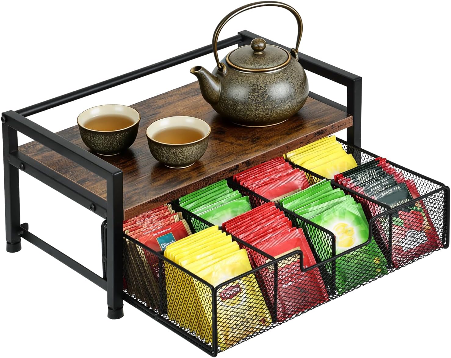 Tea Bag Organizer - 13"×7.9"×6.4" Wooden Tea Bag Holder with 8-Compartment Pull-Out Metal Mesh Drawer, Anti-Fall Guardrail Teabag Organizers and Storage Chest for Kitchen & Desk Countertop