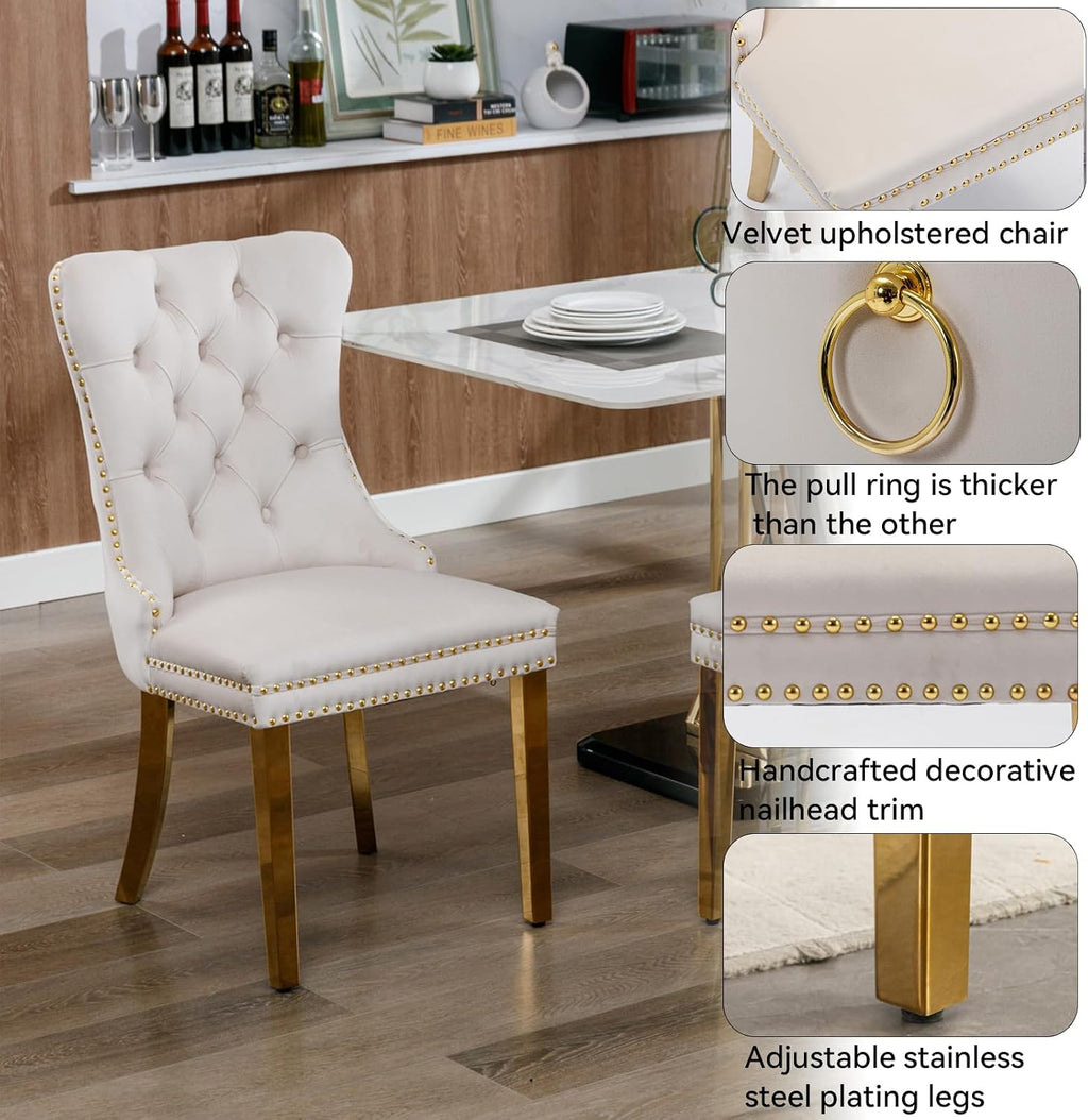 60" Modern Gold Glass Dining Room Table Set for 6, 7-Piece Rectangle Kitchen Dining Table Set with Cross Chrome Metal Legs & 6 Beige Velvet Upholstered Chairs, Kitchen Table and Chairs Set
