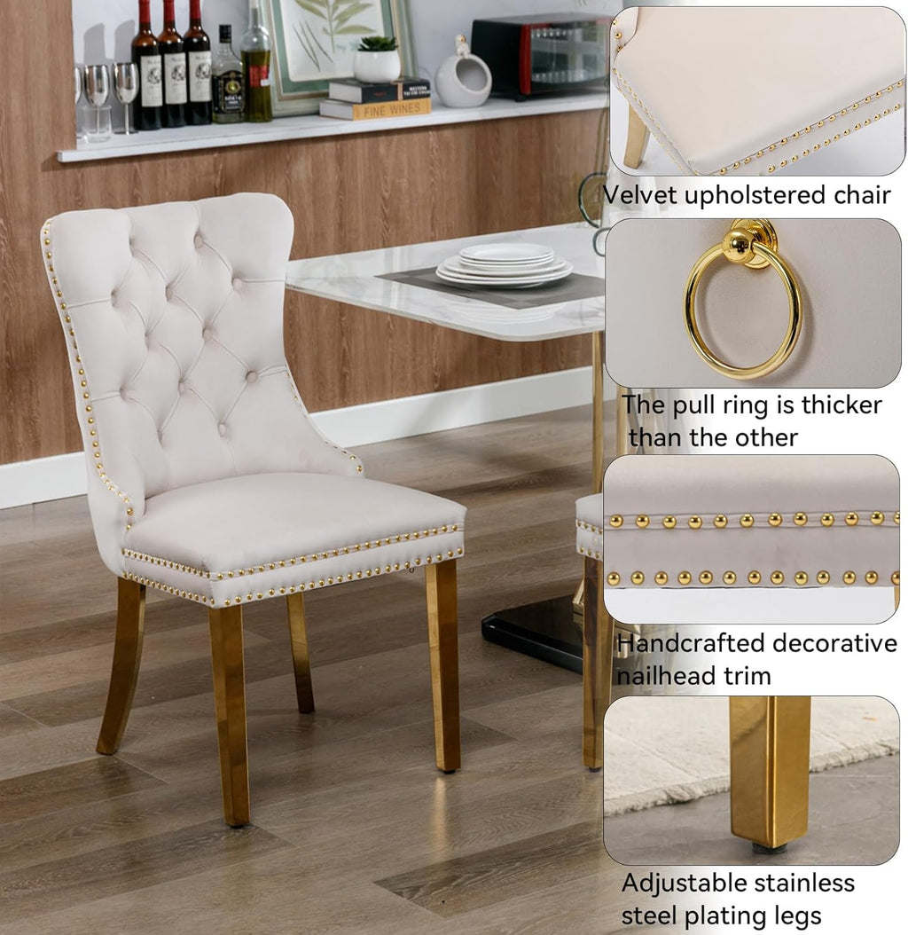 5 Pcs Dining Table Set, Kitchen and Dining Room Table Set for 4, 68" Rectangular White Faux Marble Dining Table with O-Shaped Gold Stainless Steel Base & Velvet Upholstered Beige Chairs