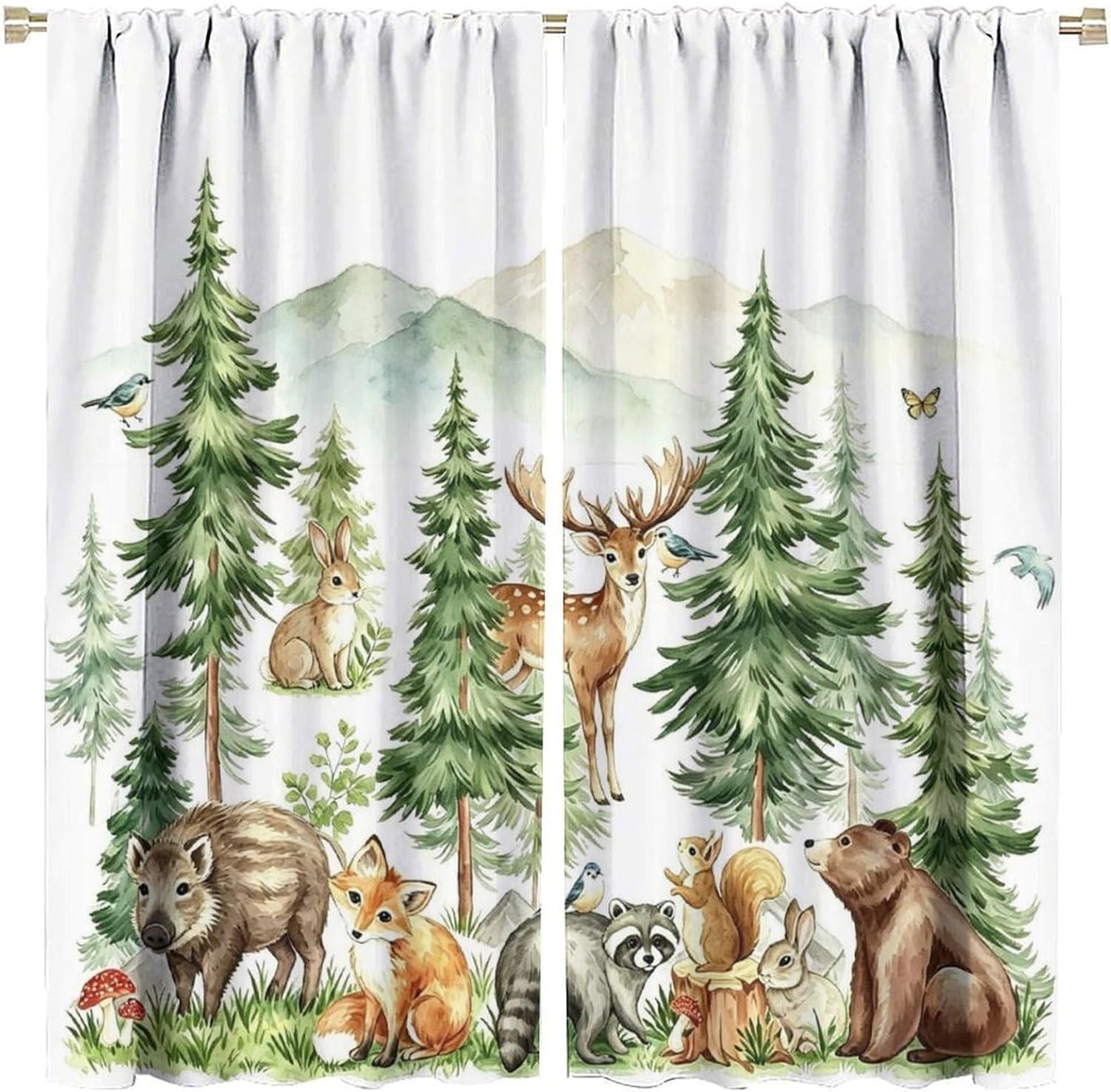 Woodland Curtains Nursery Wildlife Theme, Rustic Watercolor Forest Animal Hedgehog, Rabbit, Fox, and Deer Print, Blackout Window Drapes for Baby Girls Boys Bedroom Living Room, 2 Panels W42xL45 Inch