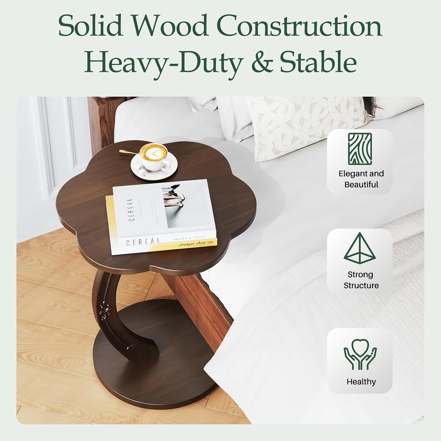 C-Shaped End Table for Couch - Round Small C Side Table, Flower Handmade Wood Sofa Couch Tables That Slide Under Bedside, Saving Space Wooden Tray for Living Room, Small Space, (Dark Walnut)