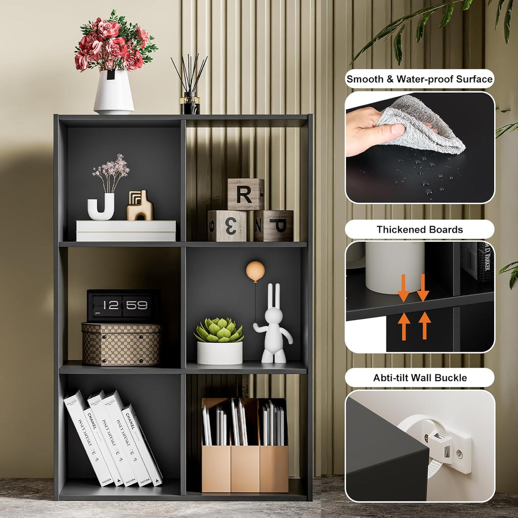 Sweetcrispy 6 Cube Storage Organizer - Open Cube Bookshelf with 3 Removable Back Panels, Display Storage Bookcase for Living Room, Bedroom, Entrance Hall, Home Office，36" Lx11.6 Wx24 H, Deep Black