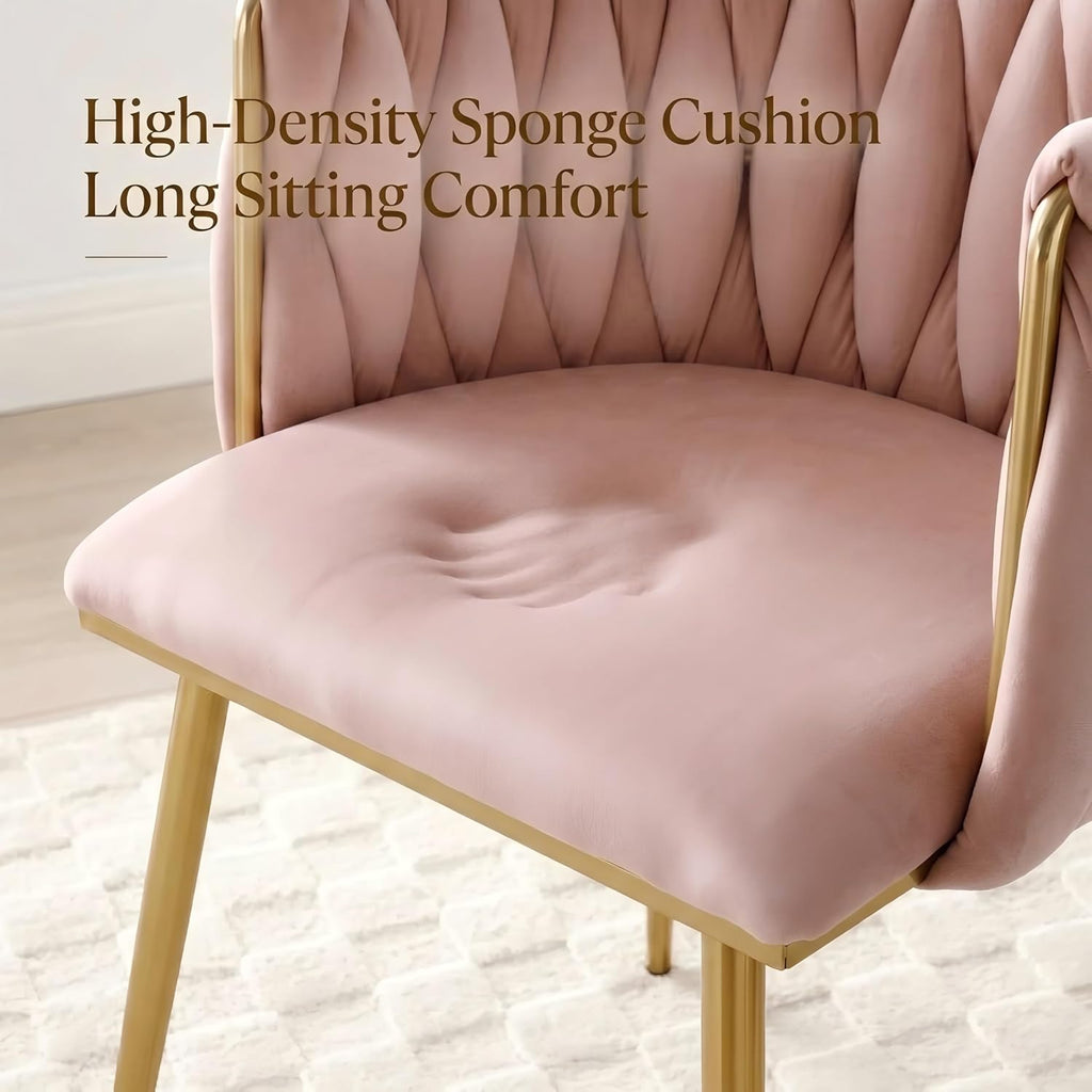KEIKI Modern Velvet Dining Chairs Set of 2, Upholstered Woven Accent Dining Chairs with Gold Metal Legs, Tufted Back, Kitchen & Dining Room Chairs for Living Room, Bedroom, Vanity, Pink