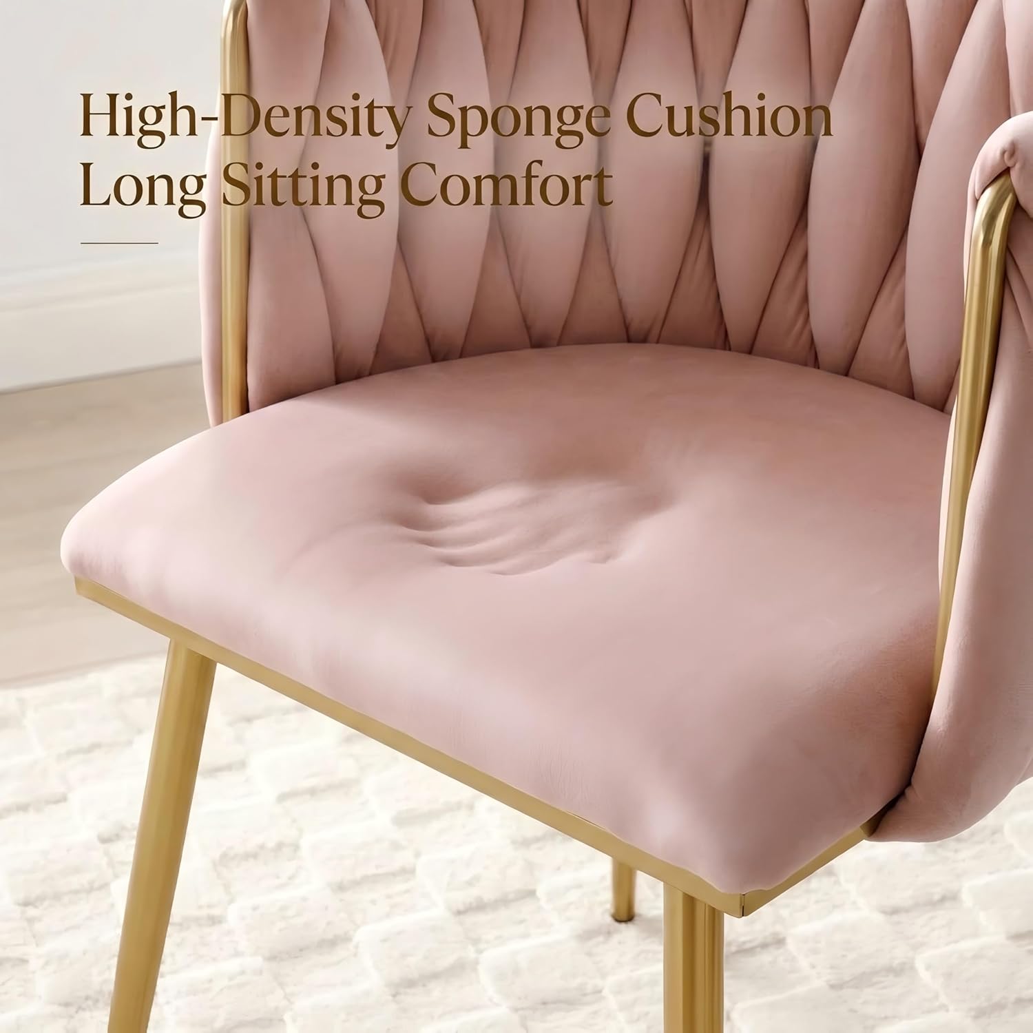 KEIKI Modern Velvet Dining Chairs Set of 2, Upholstered Woven Accent Dining Chairs with Gold Metal Legs, Tufted Back, Kitchen & Dining Room Chairs for Living Room, Bedroom, Vanity, Pink