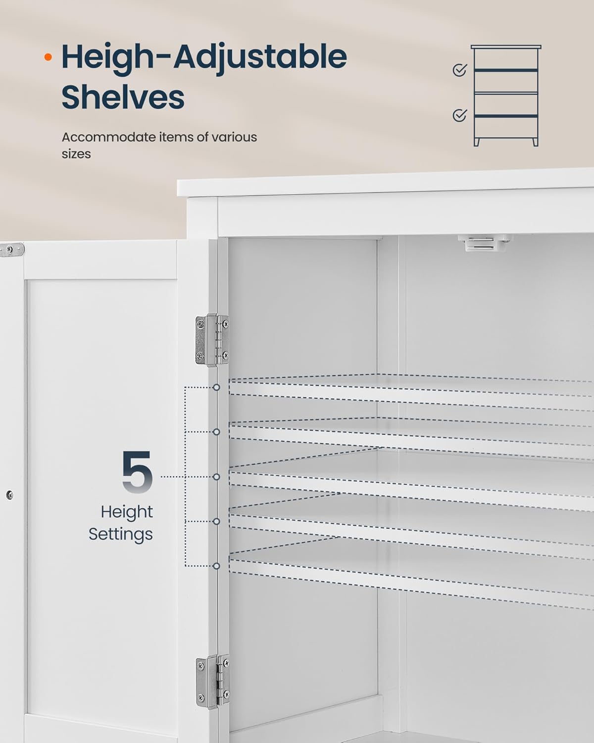 SONGMICS HOME Freestanding Storage Cabinet, Floor Cabinet with Elevated Legs, Metal Handles, for Living Room, Kitchen, Bathroom, White