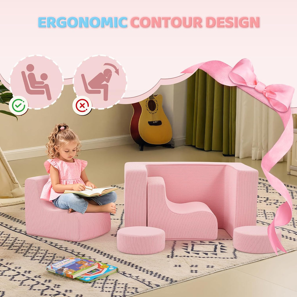 JOYMOR Modular Kids Play Couch, 6PCS Convertible Corduroy Foam Sofa Set, DIY Building Fort for Toddlers, Soft Kids Furniture for Playroom, Bedroom, Gift for Boys & Girls, Pink | Soft Sponge