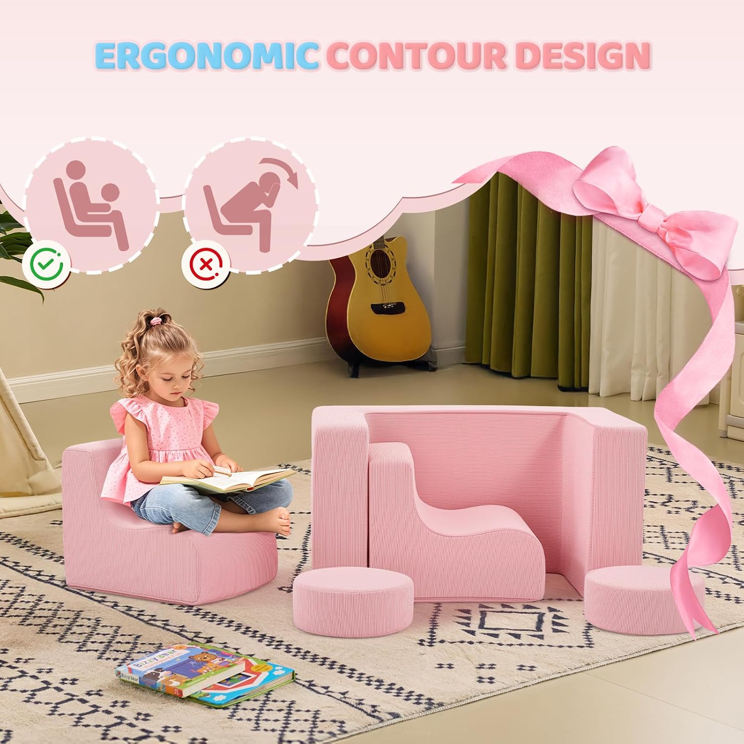 JOYMOR Modular Kids Play Couch, 6PCS Convertible Corduroy Foam Sofa Set, DIY Building Fort for Toddlers, Soft Kids Furniture for Playroom, Bedroom, Gift for Boys & Girls, Pink | Soft Sponge