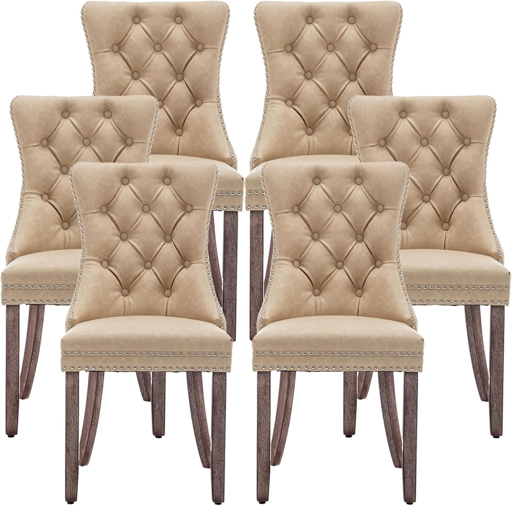 Leather Dining Chairs Set of 6, Upholstered Dining Room Chairs with Nailhead Trim, Sillas de Comedor Modernas 6, Wooden Kitchen Chairs for Dining Room, Living Room, Kitchen, Bedroom, Beige