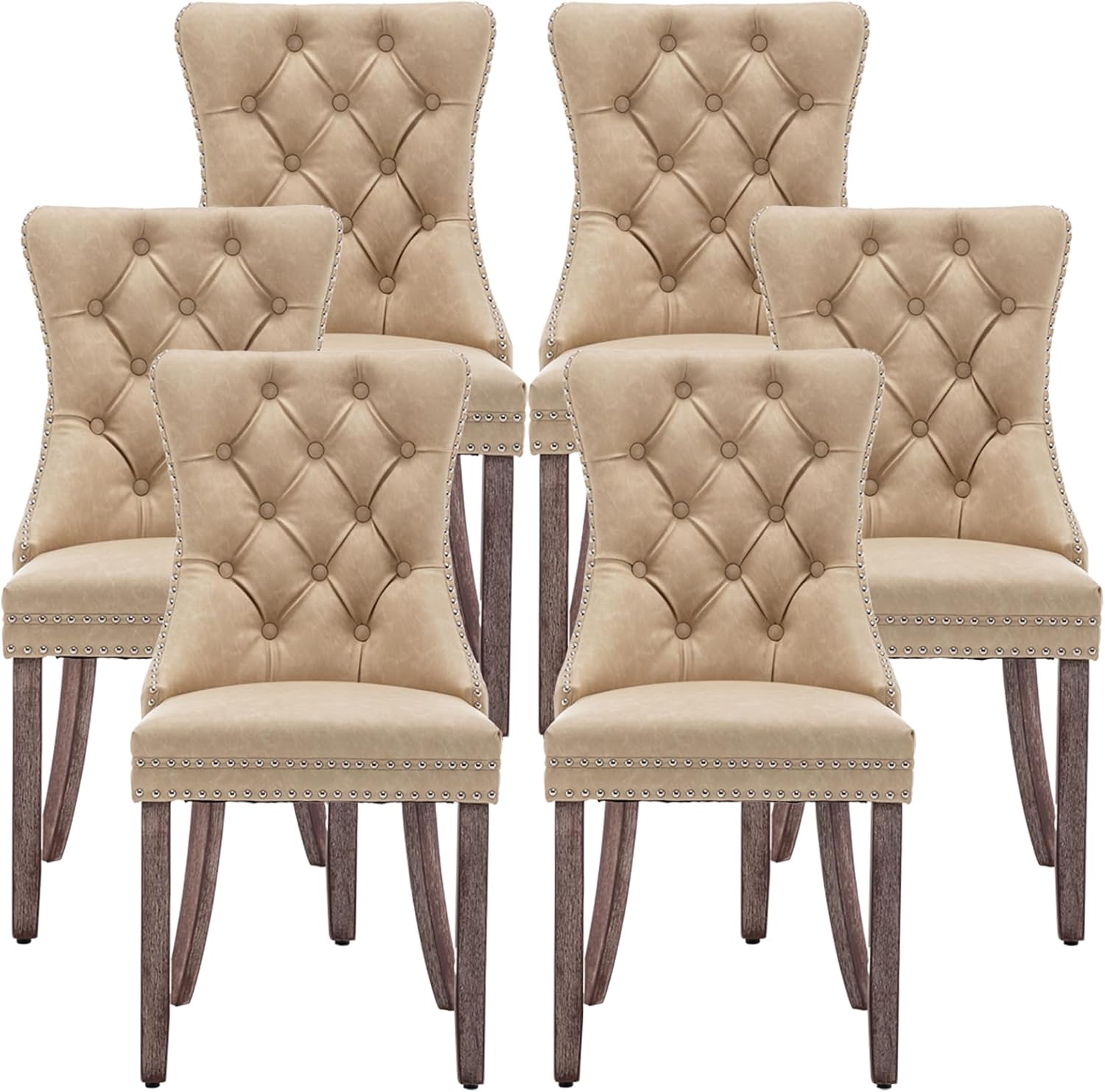 Leather Dining Chairs Set of 6, Upholstered Dining Room Chairs with Nailhead Trim, Sillas de Comedor Modernas 6, Wooden Kitchen Chairs for Dining Room, Living Room, Kitchen, Bedroom, Beige
