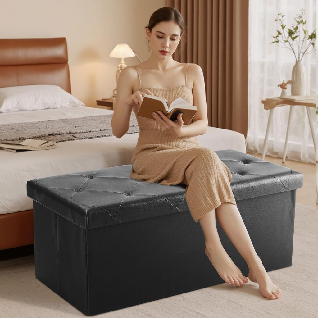 DUMOS 43 Inches Foldable Storage Ottoman Bench, Foot Rest Stool, Synthetic Leather Storage Chest with Thicker Foam Padded Seat for Entryway Living Room, Modern Black