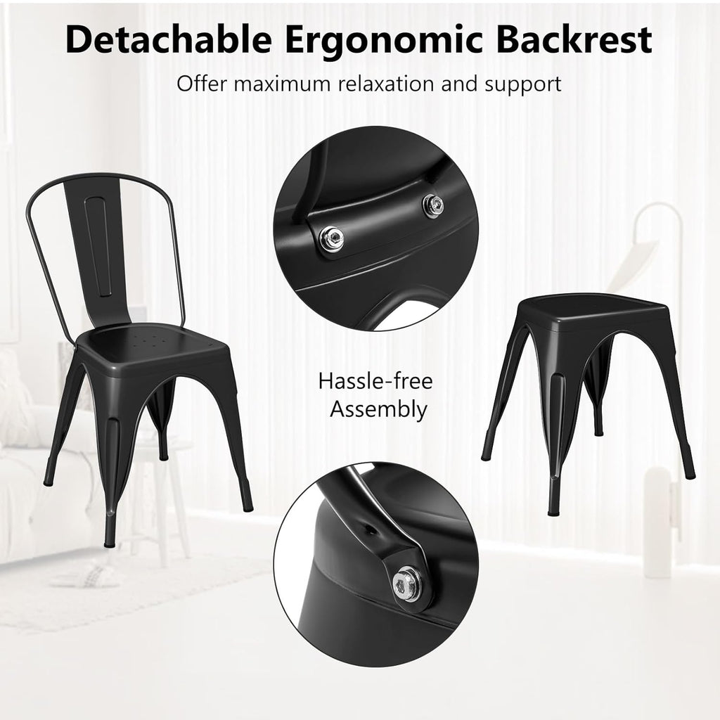 COSTWAY 18 Inch Dining Chair Set of 4, Industrial Vintage Stackable Metal Chairs, Armless Counter Bar Chairs with High Backrest for Home, Kitchen and Cafe Bar Use