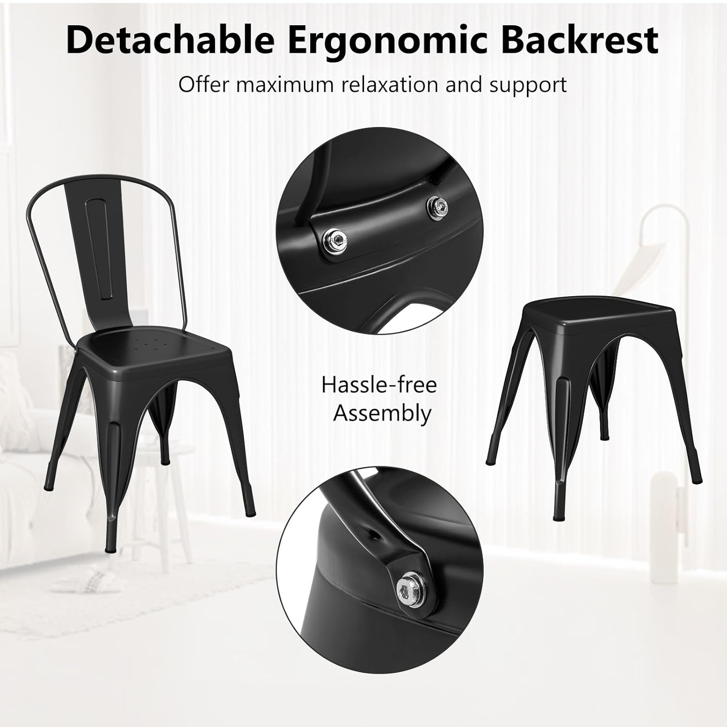 COSTWAY 18 Inch Dining Chair Set of 4, Industrial Vintage Stackable Metal Chairs, Armless Counter Bar Chairs with High Backrest for Home, Kitchen and Cafe Bar Use
