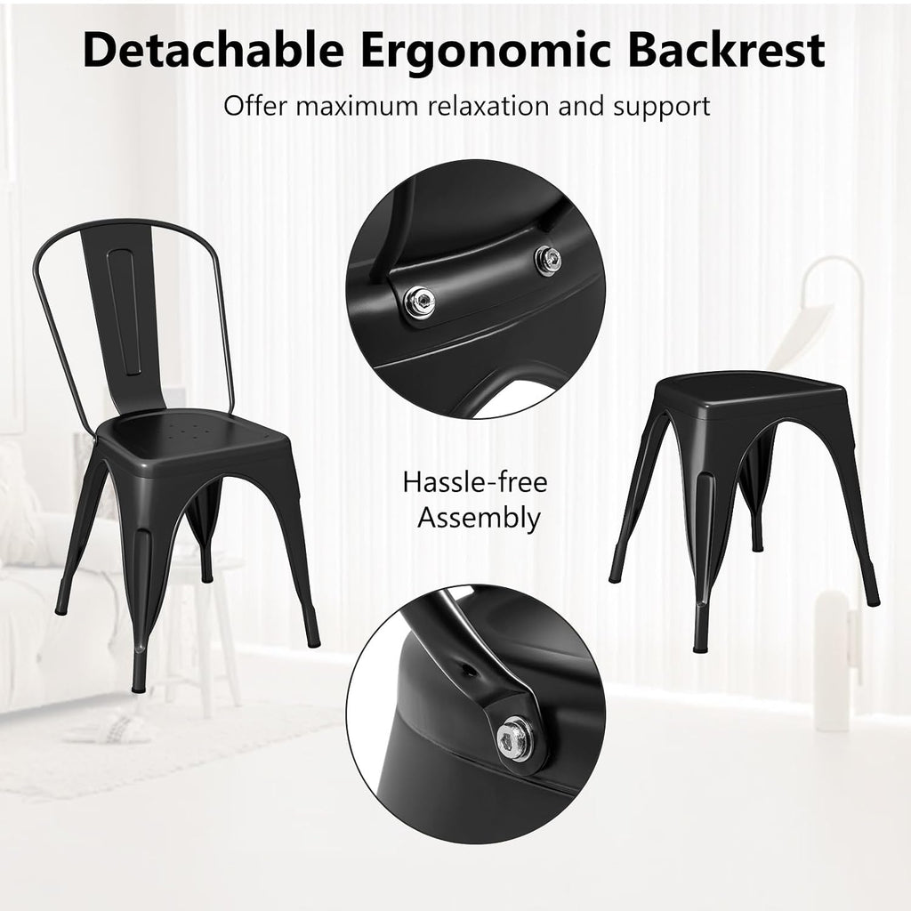 COSTWAY 18 Inch Dining Chair Set of 4, Industrial Vintage Stackable Metal Chairs, Armless Counter Bar Chairs with High Backrest for Home, Kitchen and Cafe Bar Use